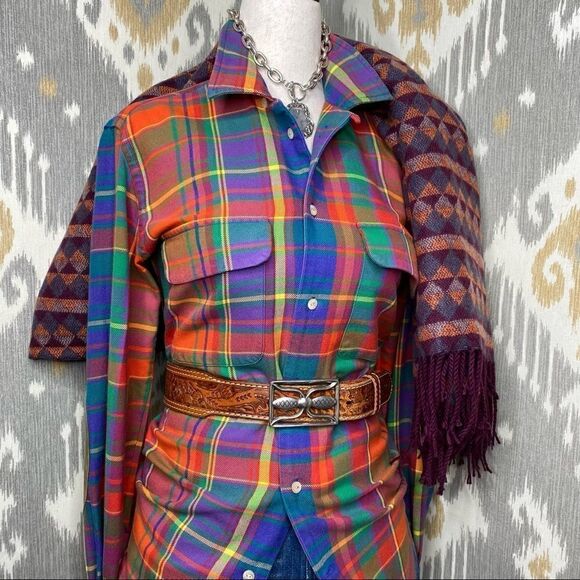 Ralph Lauren Bright Jewel-Tone Check Plaid Cotton Flannel Suede Patch Workshirt - Picture 7 of 16